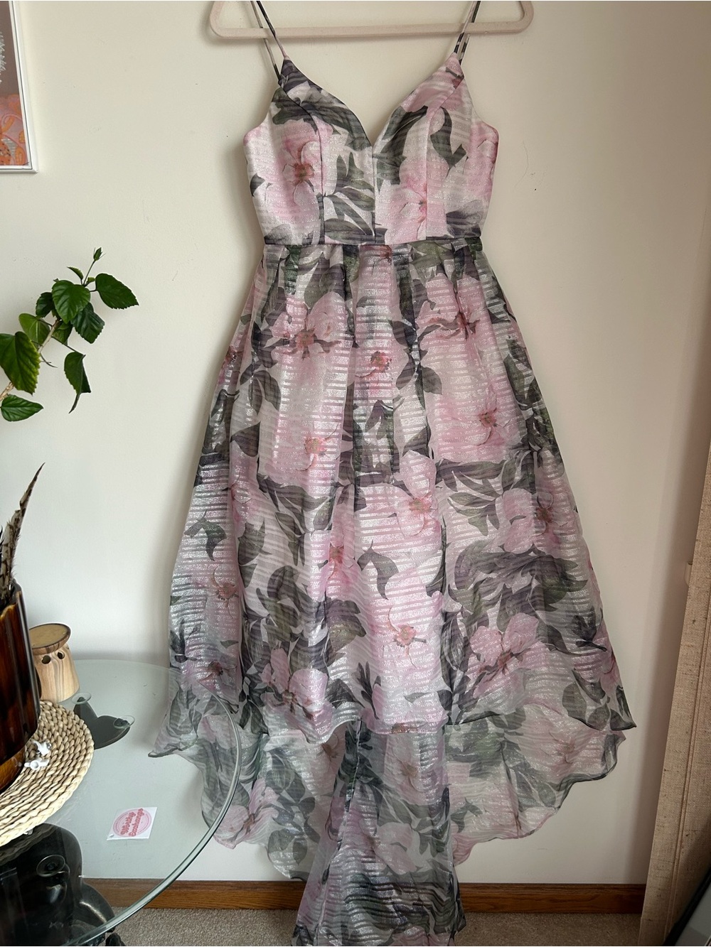 Betsy &Adam pink floral shimmer organza high low gown
